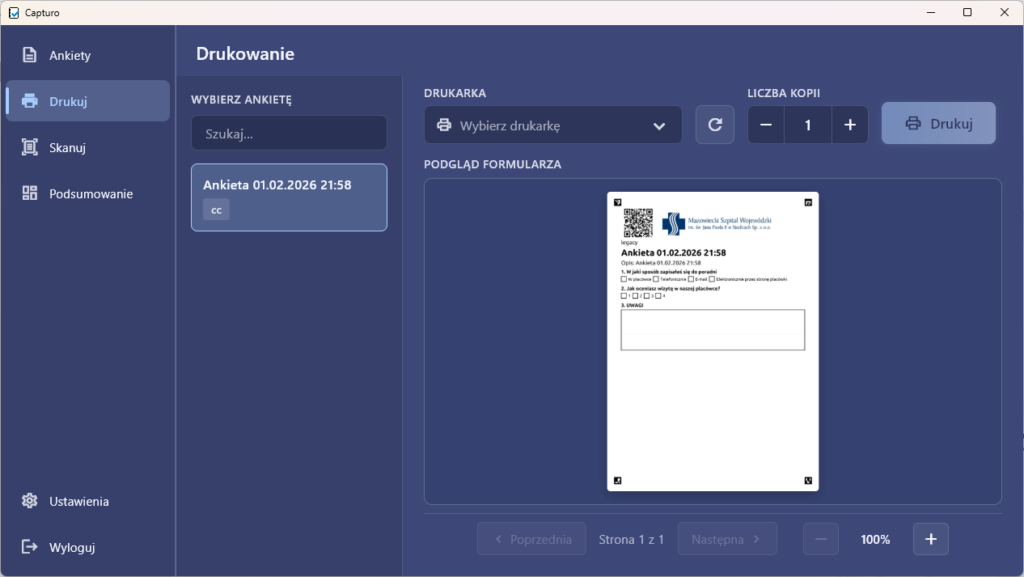system analizy ankiet w szpitalu - wydruk ankiet